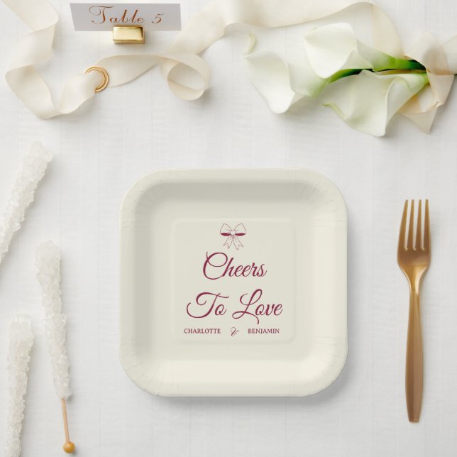 Cheers To Love Burgundy Script Ivory Bow Wedding Paper Plate (Wedding)