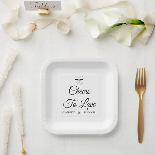 Cheers To Love Burgundy Script Ivory Bow Wedding Paper Plate (Wedding)