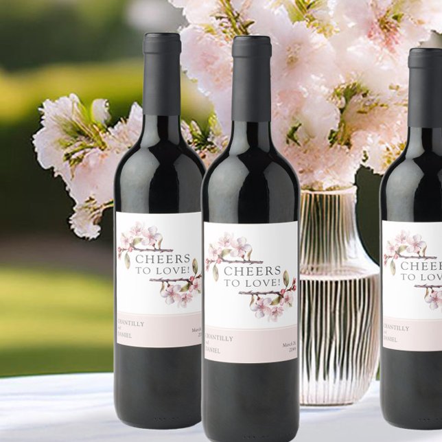 Cheers to Love Cherry Blossom Wedding Wine Label (Wine bottle labels from the Cherry Blossom wedding collection by Darling & May)