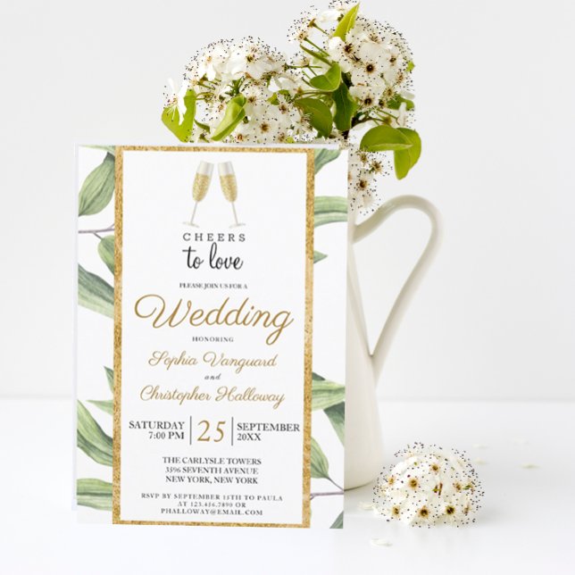 Cheers to Love Chic Champagne Botanical Wedding Invitation (CHEERS TO LOVE ELEGANT MODERN  BOTANICAL WEDDING INVITATION
)