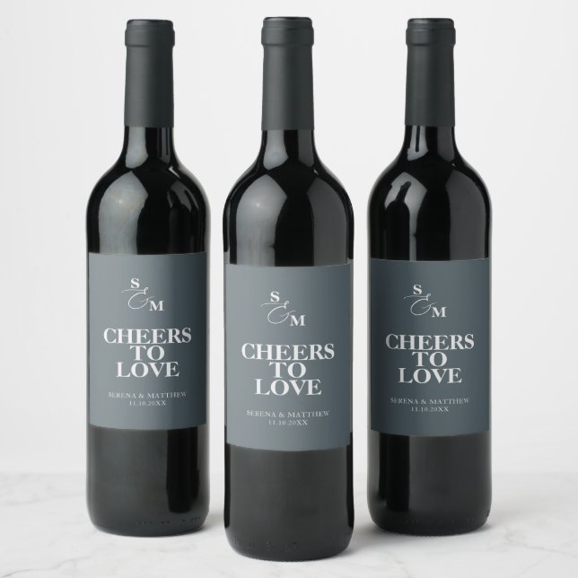 Cheers to Love Classic Monogram Blue Wedding Wine Label (Bottles)