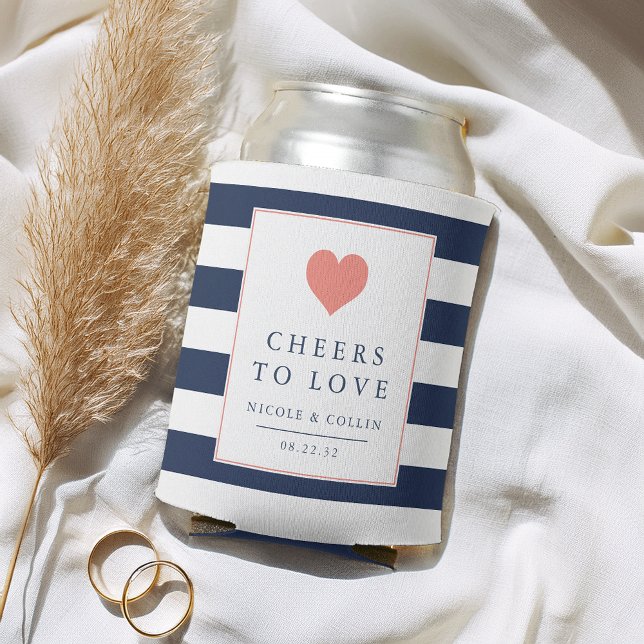 Cheers to Love Coral & Navy Wedding Favour Can Cooler (Creator Uploaded)