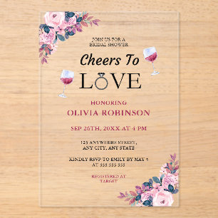 Cheers to Love Floral Wine Theme Bridal Shower Acrylic Invitations