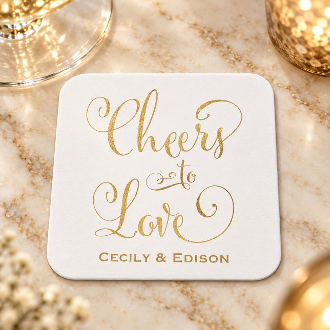 Cheers to Love Gold Script Wedding Monogram Square Paper Coaster (Creator Uploaded)