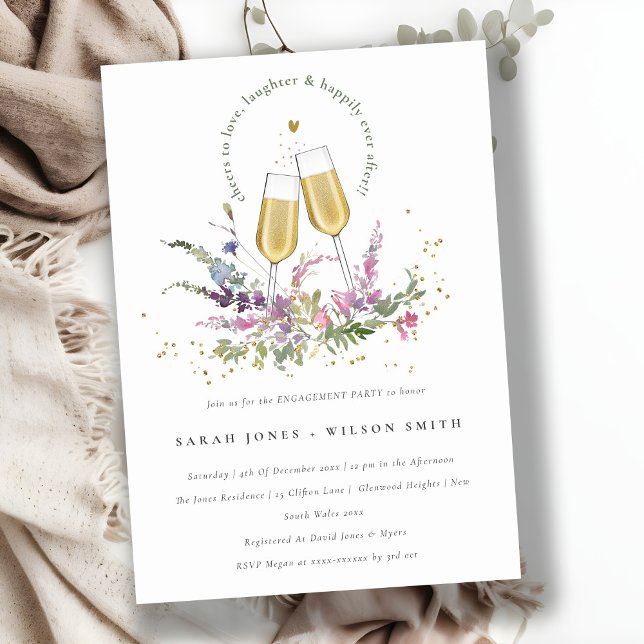 Cheers to Love Gold Wine Glasses Floral Engagement Invitation (Creator Uploaded)