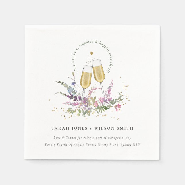 Cheers to Love Gold Wine Glasses Floral Wedding Napkin (Front)