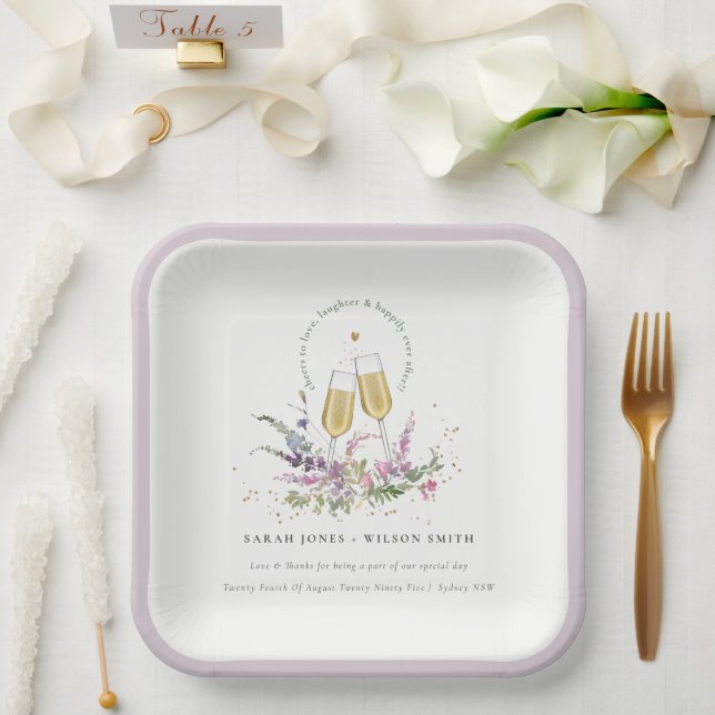 Cheers to Love Gold Wine Glasses Floral Wedding Paper Plate (Wedding)