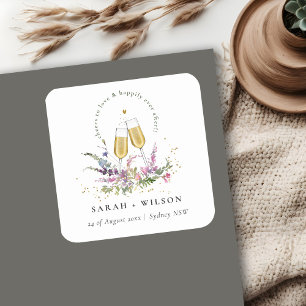Cheers to Love Gold Wine Glasses Floral Wedding Square Sticker