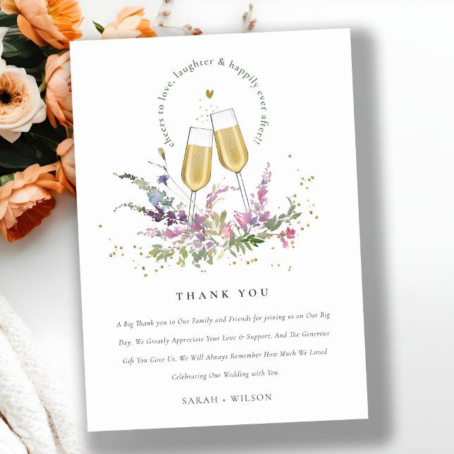 Cheers to Love Gold Wine Glasses Floral Wedding Thank You Card (Creator Uploaded)