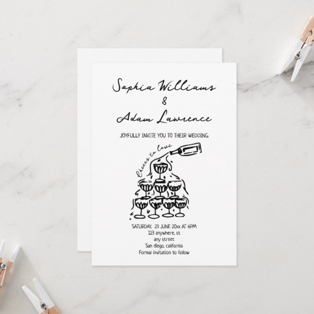 Cheers to love Hand Drawn Wedding Invitation (Front/Back In Situ)