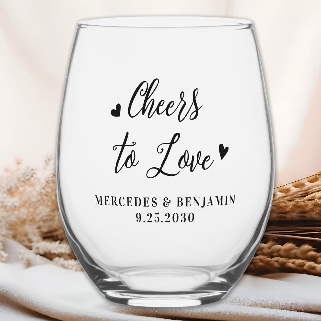 Cheers To Love Modern Elegant Hearts Wedding Favou Stemless Wine Glass (Creator Uploaded)