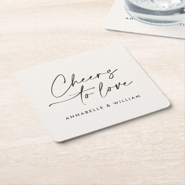 Cheers to love modern minimal script chic wedding square paper coaster (Angled)