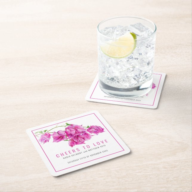 Cheers to love pink Bougainvillea tropical wedding Square Paper Coaster (Insitu)