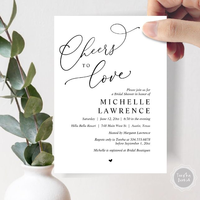 Cheers to love, Romantic Bridal Shower Party Invitation (Cheers to love, Romantic Bridal Shower Party Invitation Card, PDF, in Black and White)