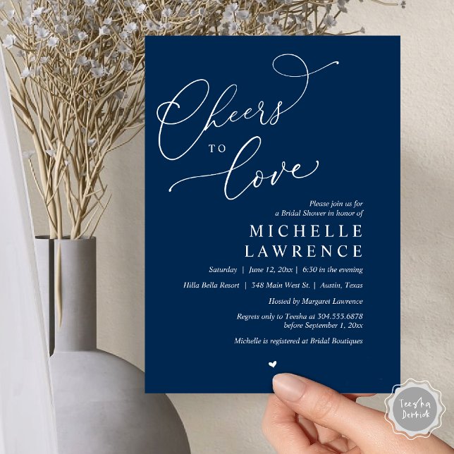 Cheers to love, Romantic Bridal Shower Party Invitation (Cheers to love, Romantic Bridal Shower Party Invitation Card, PDF, in Navy Blue)