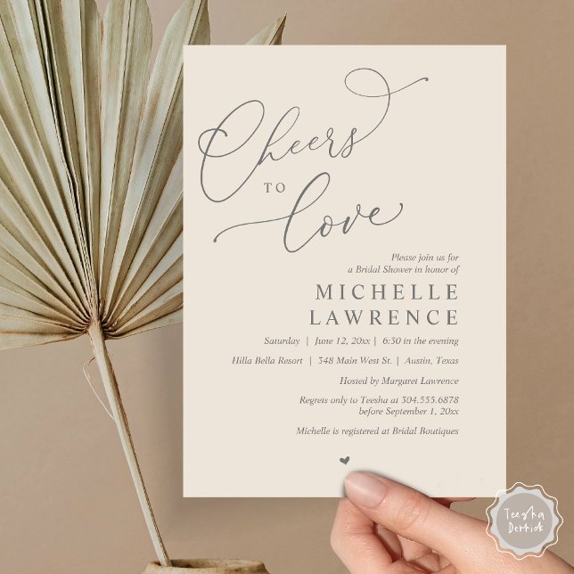 Cheers to love, Romantic Bridal Shower Party Invitation (Cheers to love, Romantic Bridal Shower Party Invitation Card, PDF, in Dark Grey Cream)