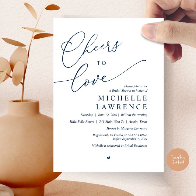 Cheers to love, Romantic Bridal Shower Party Invitation (Cheers to love, Romantic Bridal Shower Party Invitation Card, PDF, in Navy Blue)