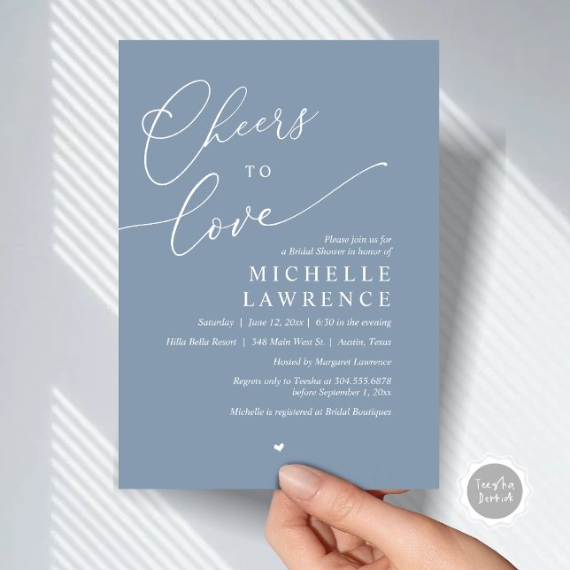 Cheers to love, Romantic Bridal Shower Party Invitation (Cheers to love, Romantic Bridal Shower Party Invitation Card, PDF, in Dusty Blue)