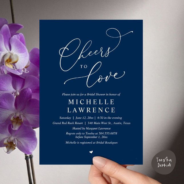 Cheers to love, Romantic Bridal Shower Party Invitation (Cheers to love, Romantic Bridal Shower Party Dinner Wine Cocktail Invitation Card, PDF, Navy Blue)