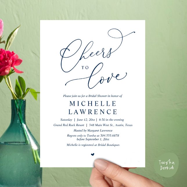 Cheers to love, Romantic Bridal Shower Party Invitation (Cheers to love, Romantic Bridal Shower Party Dinner Wine Cocktail Invitation Card, PDF, Navy Blue)