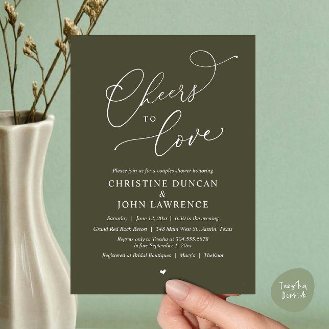 Cheers to love, Romantic Couples Shower Party Invitation (Cheers to love, Romantic Couples Shower Modern Party Winery Invitation Card, PDF, Summer Olive Green)