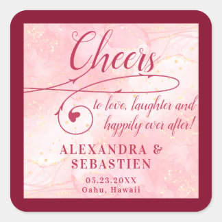Cheers to Love Rose Gold Script Burgundy Wedding Square Sticker
