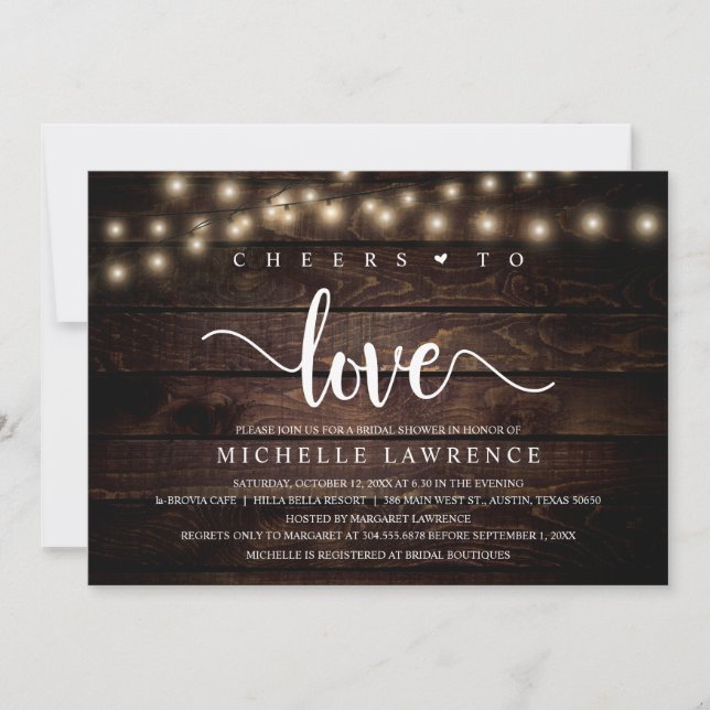 Cheers to Love, Rustic Bridal Shower Celebration Invitation (Front)