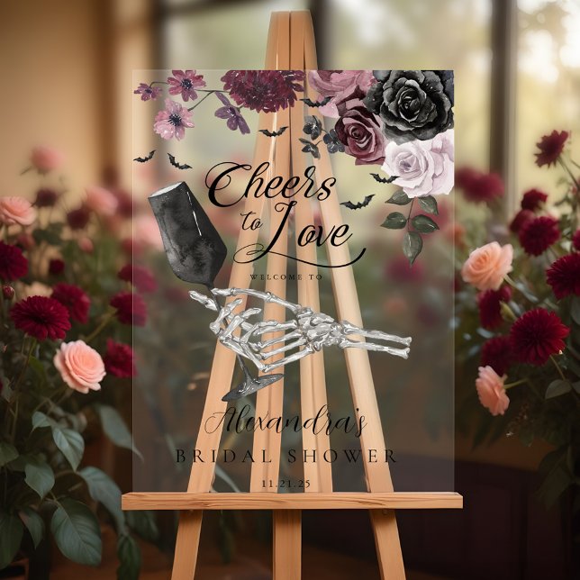 Cheers to Love Skeleton Hand Floral Gothic Bridal Acrylic Sign (Creator Uploaded)