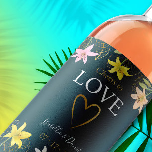 Cheers to Love Tropical Floral Teal Wedding Wine Label
