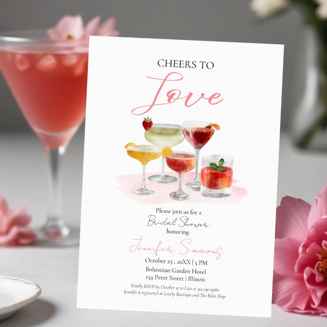 Cheers To Love Watercolor Cocktails Bridal Shower  Invitation (Creator Uploaded)