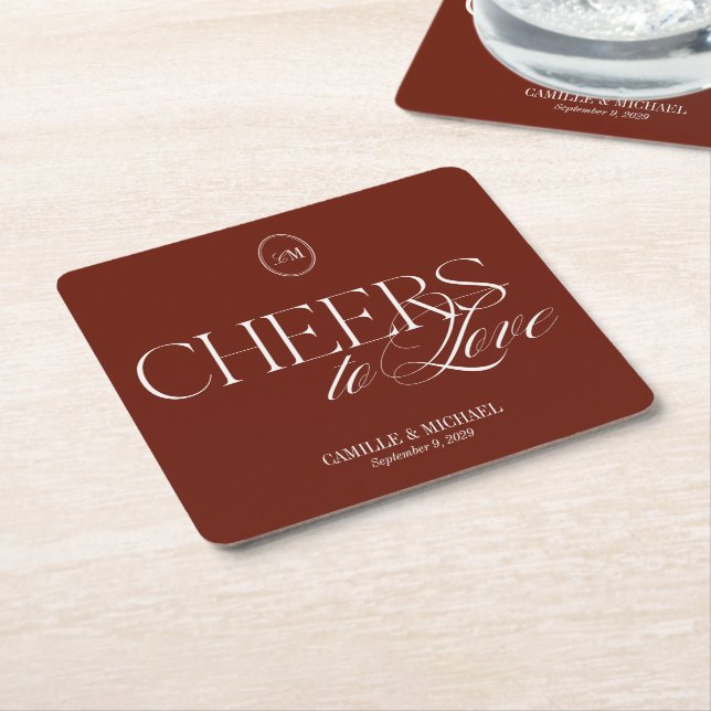 Cheers to Love Wedding Deep Terracotta Red Coaster (Angled)