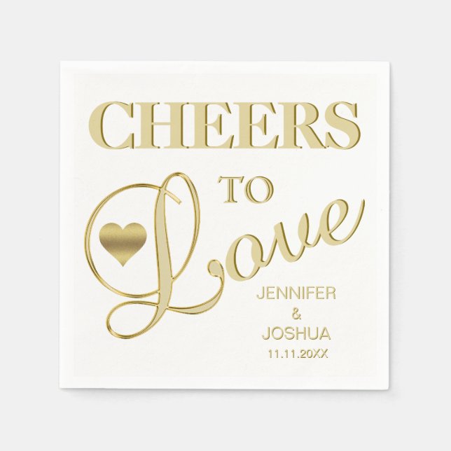 CHEERS TO LOVE White Heart Gold Wedding Napkin (Front)