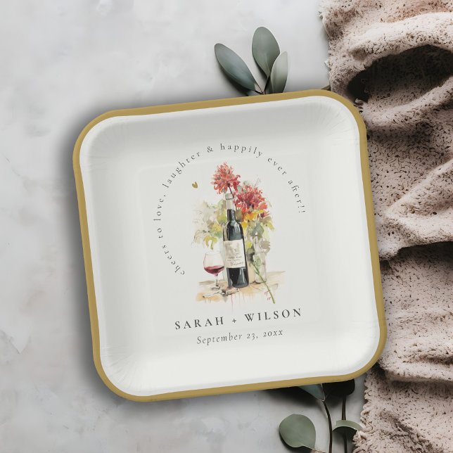 Cheers to Love Wine Red Yellow Floral Wedding Paper Plate (Creator Uploaded)