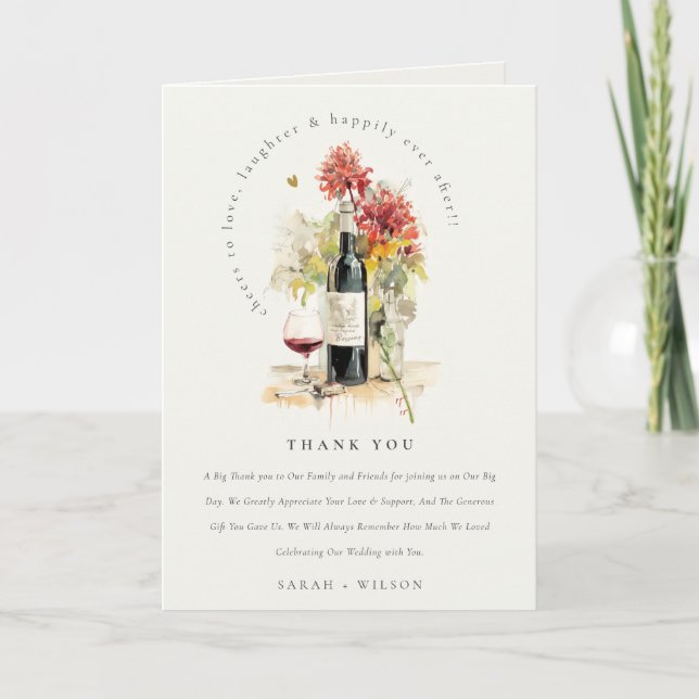 Cheers to Love Wine Red Yellow Floral Wedding Thank You Card (Front)