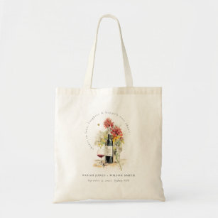 Cheers to Love Wine Red Yellow Floral Wedding Tote Bag
