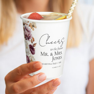 Cheers to Mr and Mrs Burgundy Fall Engagement Paper Cups