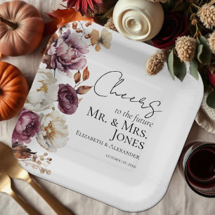 Cheers to Mr and Mrs Burgundy Fall Engagement  Paper Plate