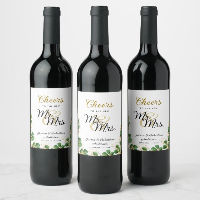 Cheers to Mr and Mrs Elegant Greenery Wedding Wine Label (Bottles)