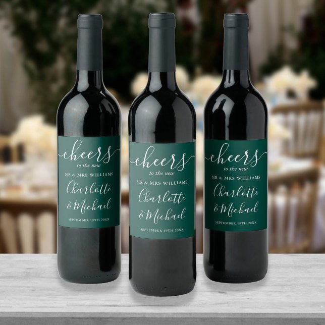 Cheers To Mr And Mrs Emerald Green Wedding Wine Label (Creator Uploaded)