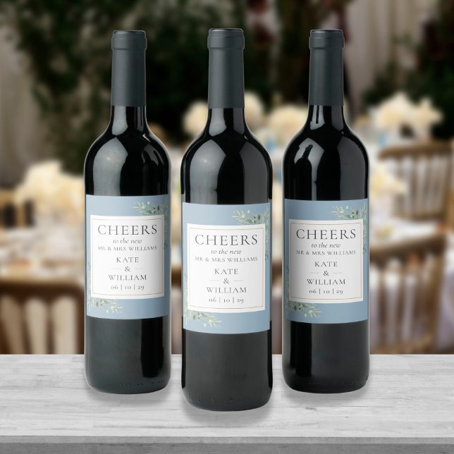 Cheers To Mr And Mrs Greenery Dusty Blue Wedding Wine Label (Creator Uploaded)