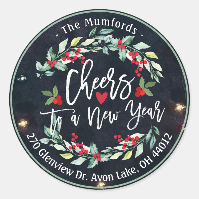 Cheers to New Year Merry Christmas Floral Address Classic Round Sticker (Front)