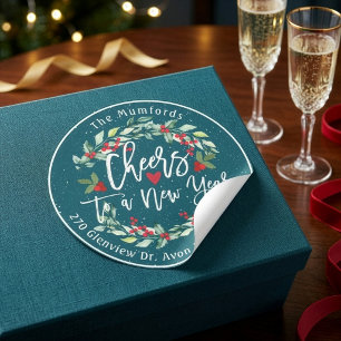 Cheers to New Year Merry Christmas Floral Address Classic Round Sticker