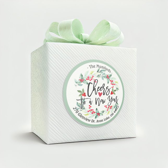 Cheers to New Year Merry Christmas Floral Address Classic Round Sticker (Creator Uploaded)