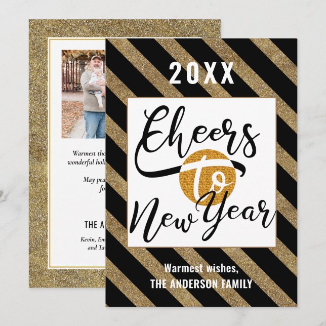 Cheers To New Year Modern Photo Festive Gold Black Holiday Card (Front/Back)