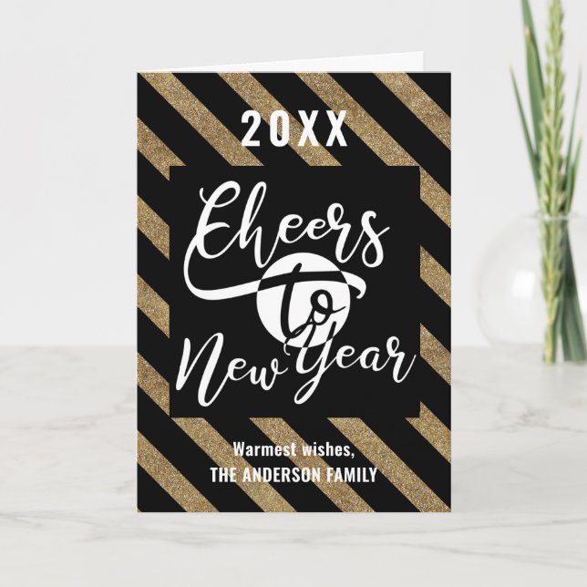 Cheers To New Year Modern Script Gold Black Photo Holiday Card (Front)