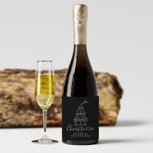 Cheers to New Years Party Modern Black Sparkling Wine Label