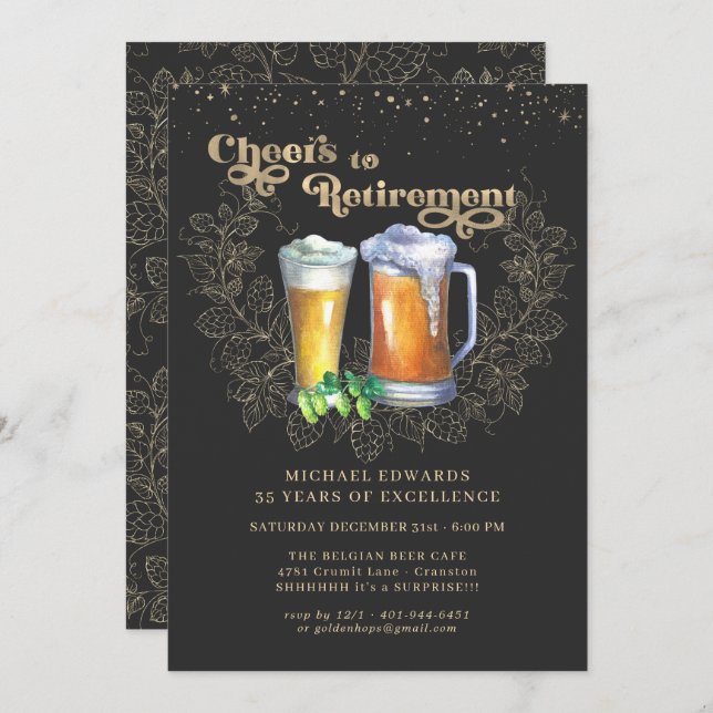 Cheers to Retirement | Elegant Hops & Beer Invitation (Front/Back)