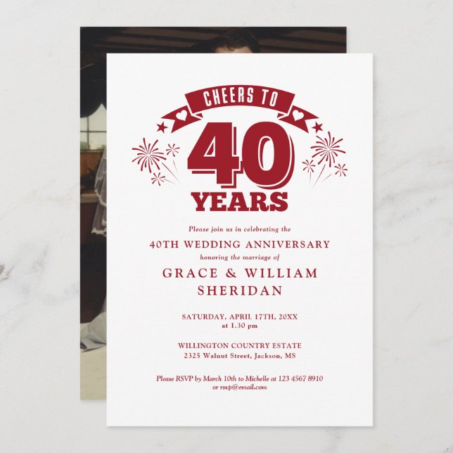 Cheers To Ruby 40th Wedding Anniversary Photo Invitation (Front/Back)