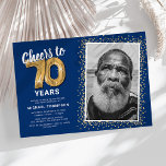 Cheers to Seventy Years 70th Birthday Photo Invitation<br><div class="desc">Elegant seventieth birthday party invitation featuring a trendy blue background that can be changed to any colour,  a photo of the birthday girl / boy,  gold sparkly glitter,  seventy gold hellium balloons,  and a modern 70th birthday celebration text template that is easy to personalise.</div>