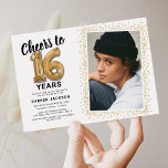 Cheers to Sixteen 16th Birthday Photo Invitation<br><div class="desc">Celebrate the grand milestone of turning sixteen with our elegant birthday party invitations. With a customisable trendy white background, a personal photo spot, and golden accents, these invitations are sure to leave a lasting impression. The gold helium balloon details add a touch of magic, while the modern 16th birthday text...</div>